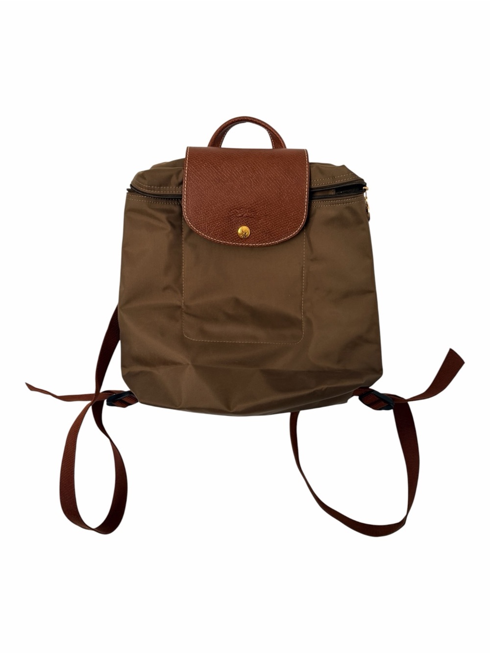 Longchamp Olive Green Nylon Le Pliage Backpack with Tan Leather Flap